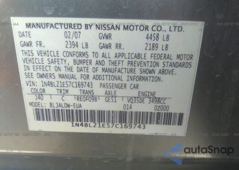 2007 Nissan Altima 3.5 Se from USA, damaged, VIN 1N4BL21E57C169743